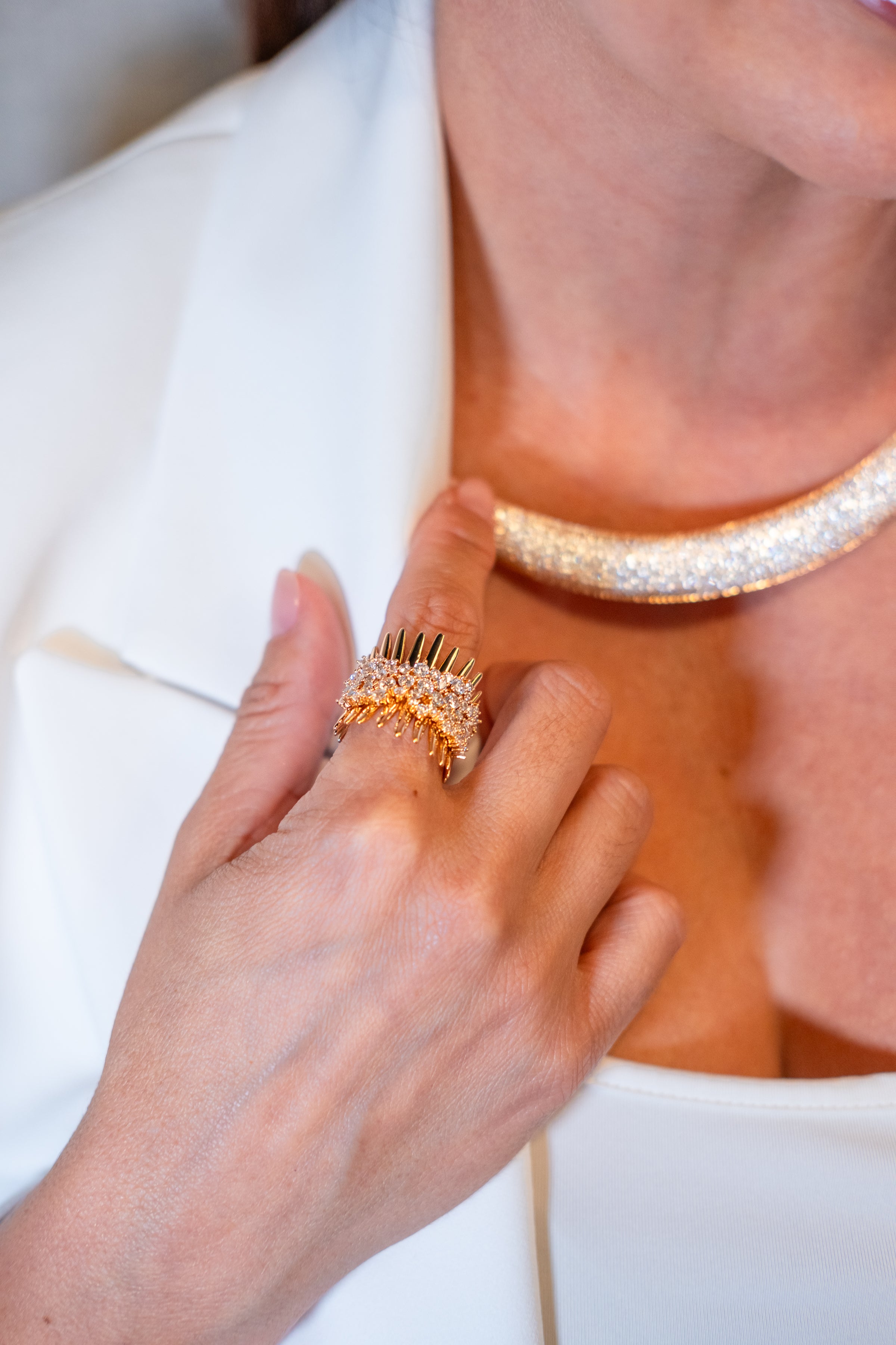 18K Gold-Plated Ring with Zirconia in Bold Textured Design