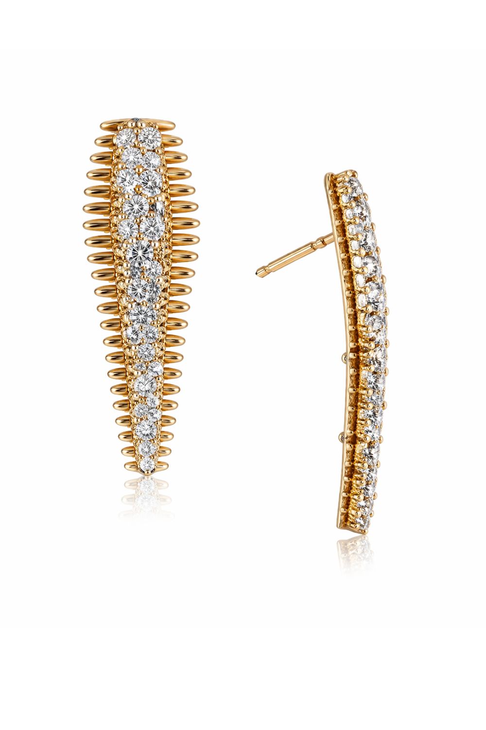 curved gold zirconia drop earrings elongated sculptural statement earrings side view