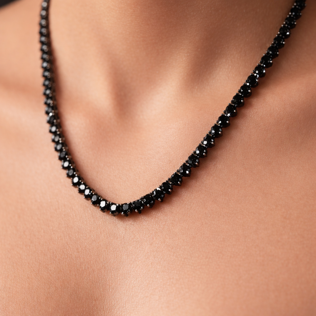 black zirconia tennis necklace silver Riviera necklace classic statement jewelry modern luxury design