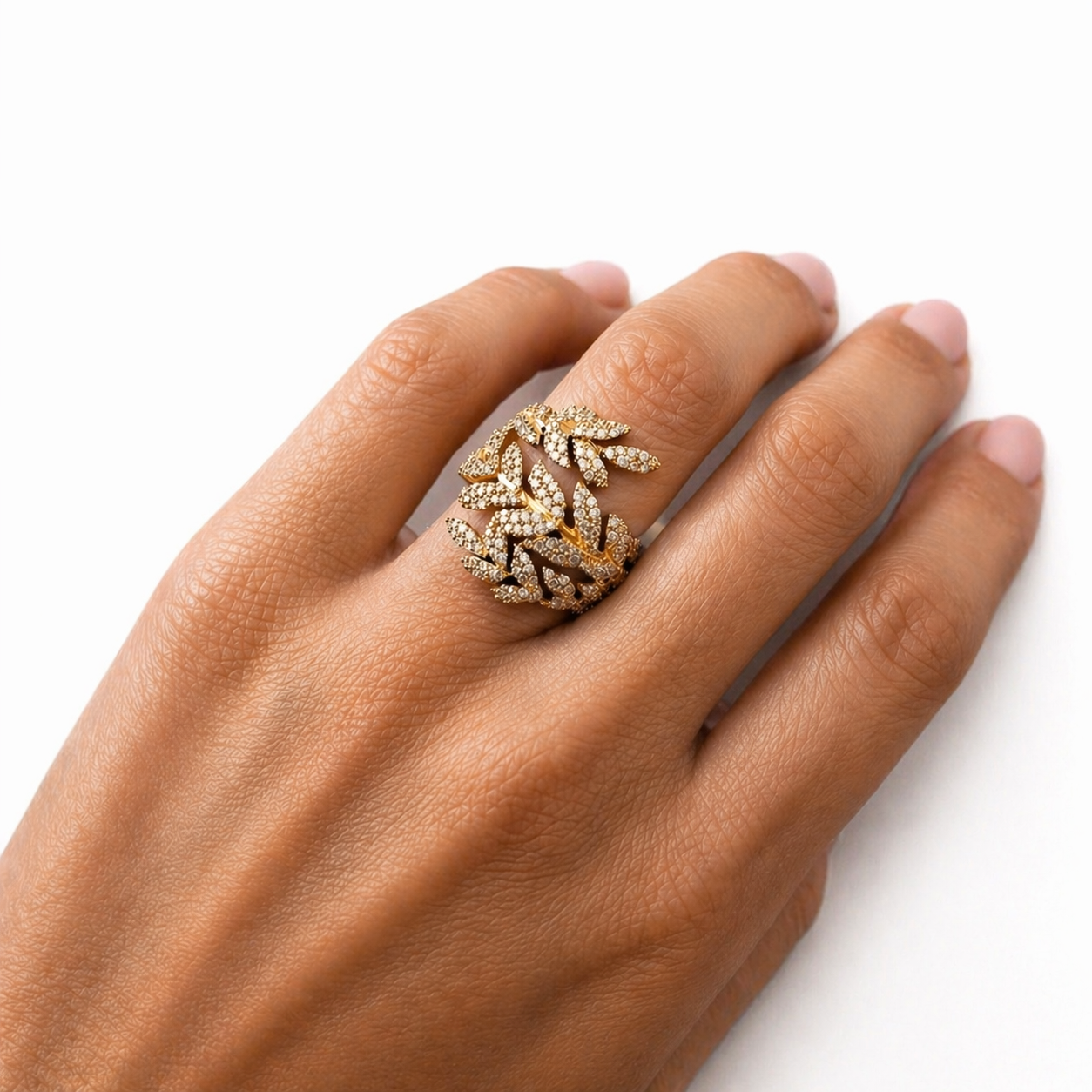 gold leaf wrap ring worn on hand elegant statement jewelry for women luxury everyday styling
