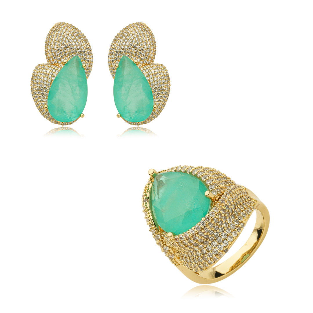 18K Gold-Plated Teardrop Tourmaline Stone Earrings with Zirconia Pavé