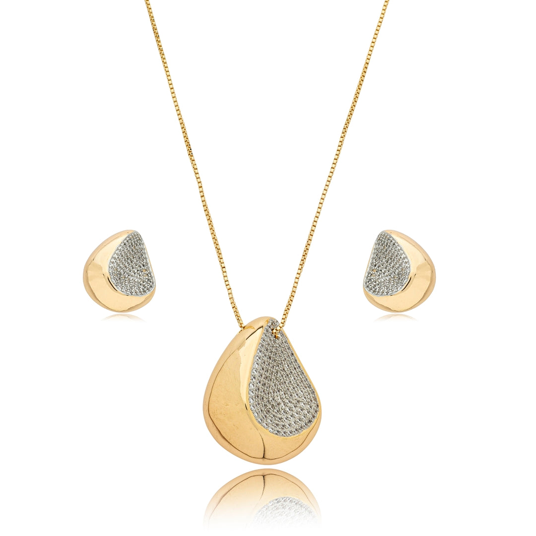 18K Gold-Plated Teardrop Jewelry Set with Pavé Zirconia – Necklace and Stud Earrings