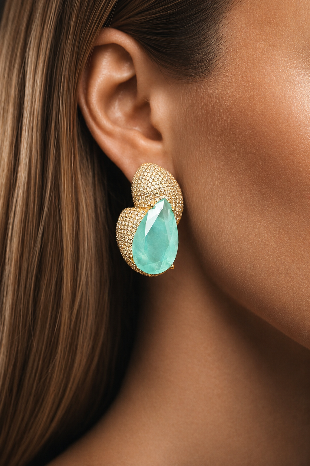 green tourmaline teardrop earrings gold plated bold gemstone statement jewelry detail