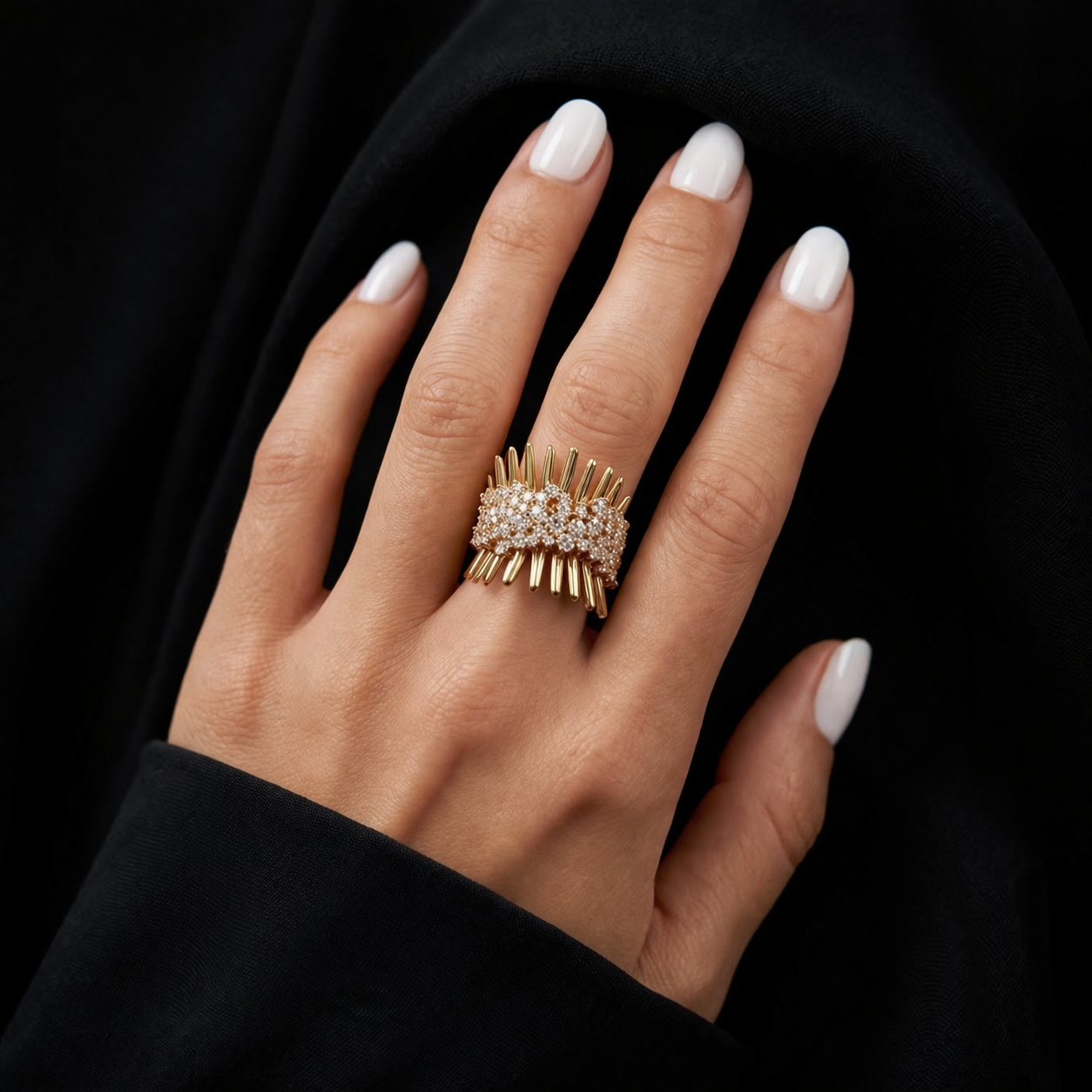 gold crown statement ring worn on hand zirconia band bold luxury jewelry styling for women