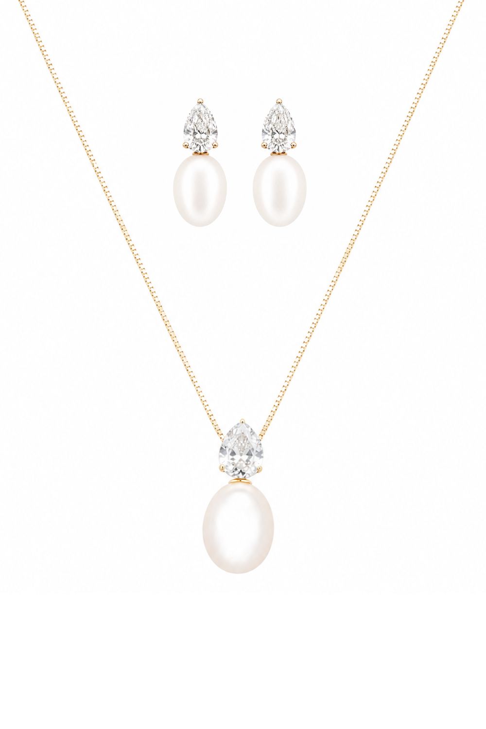 The Mothers Pearl | 18K Gold Plated Necklace & Earrings with Pear Cut Zirconia & Faux Pearl Set