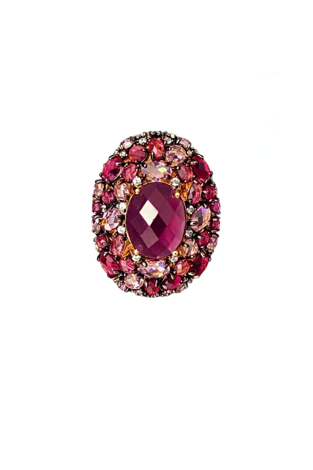 18K gold plated oval red fusion stone cocktail ring | Red Skies At Night statement ring with zirconia halo luxury jewelry