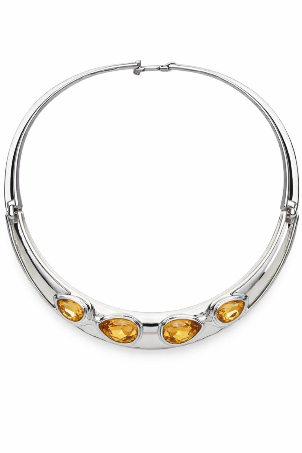 White Rhodium statement necklace with amber hued zirconia stones and sculptural polished metal design