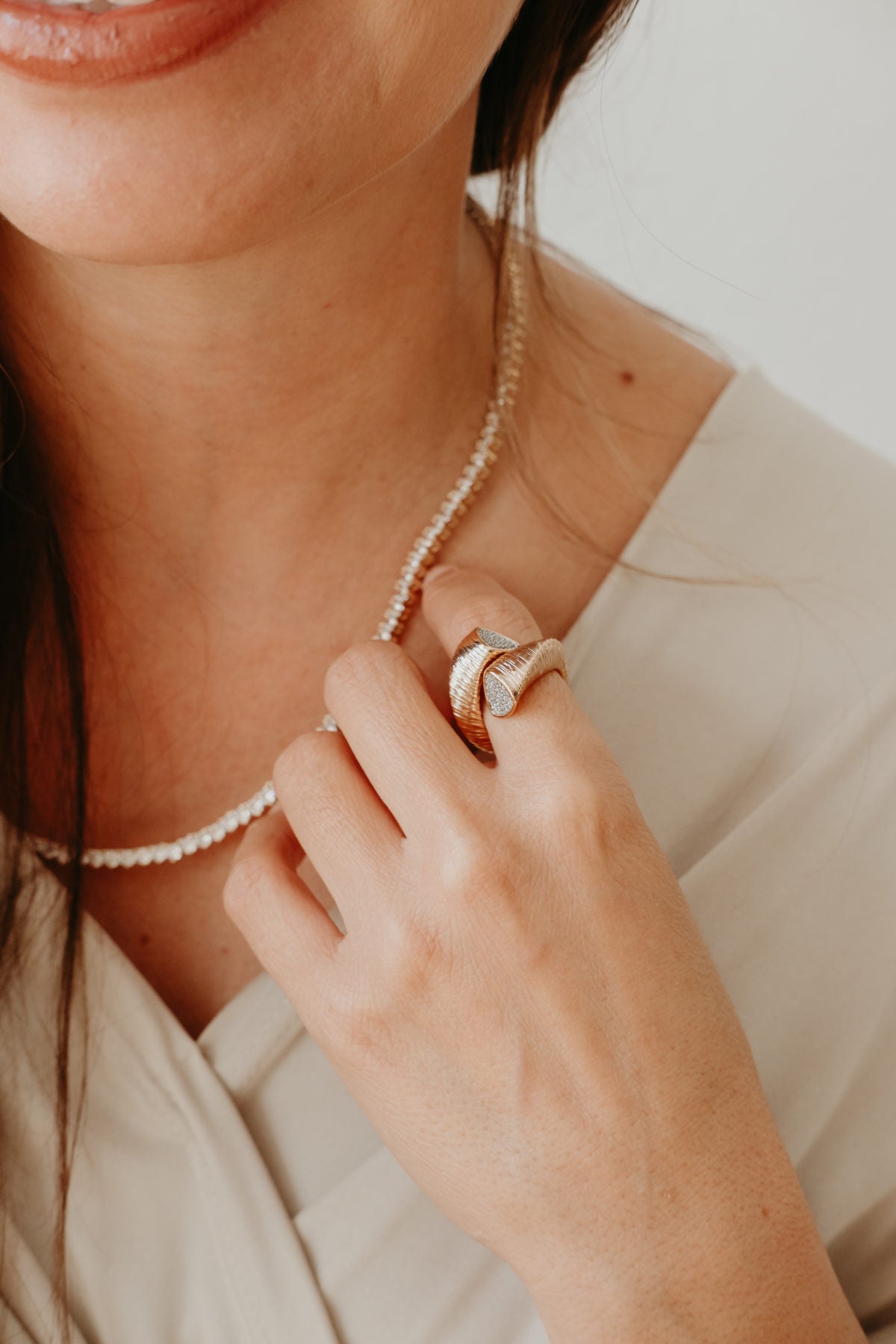 18K Gold-Plated Textured Open Ring with Zirconia Accents