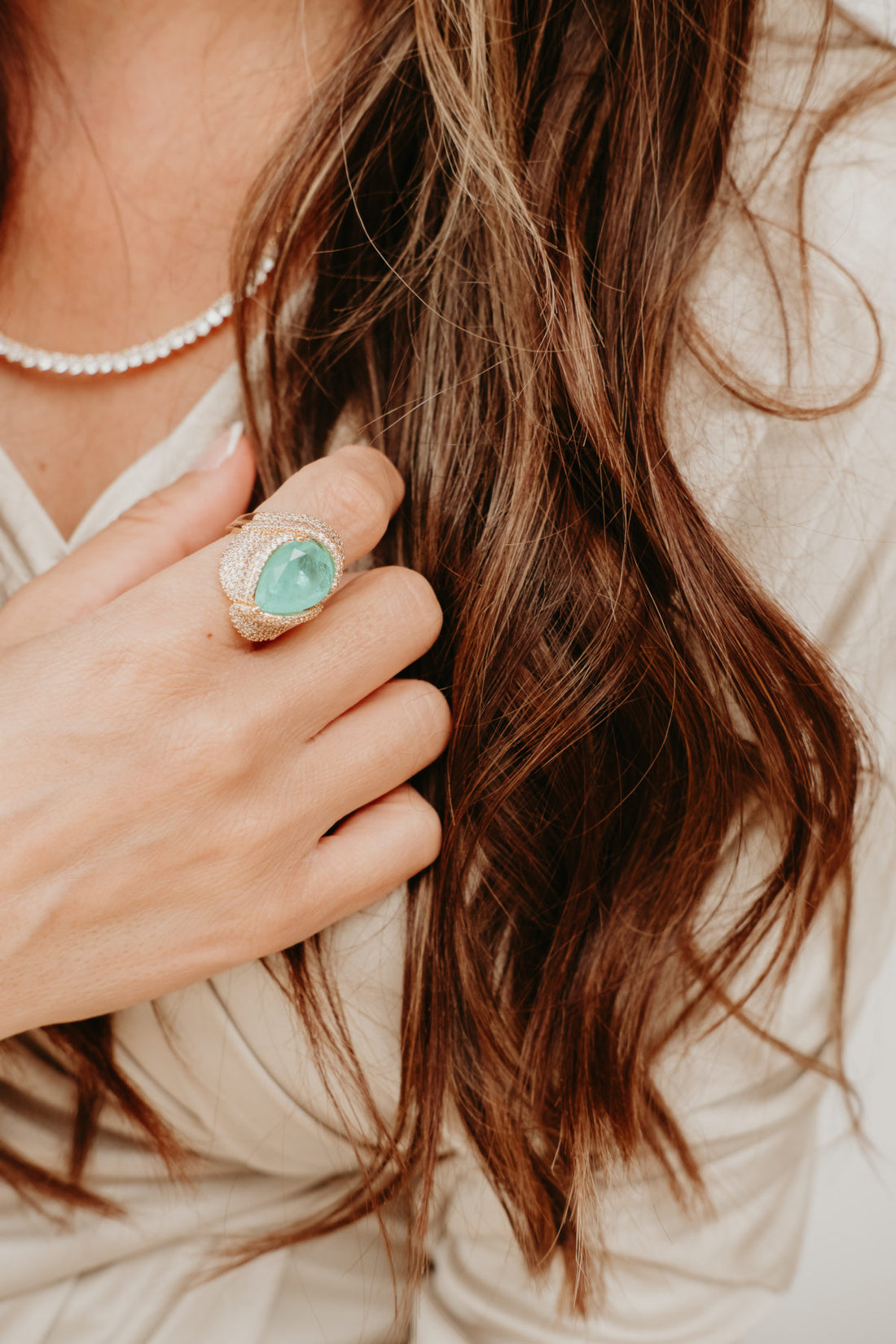 18K Gold-Plated Teardrop Tourmaline Stone Ring with Zirconia Detailing