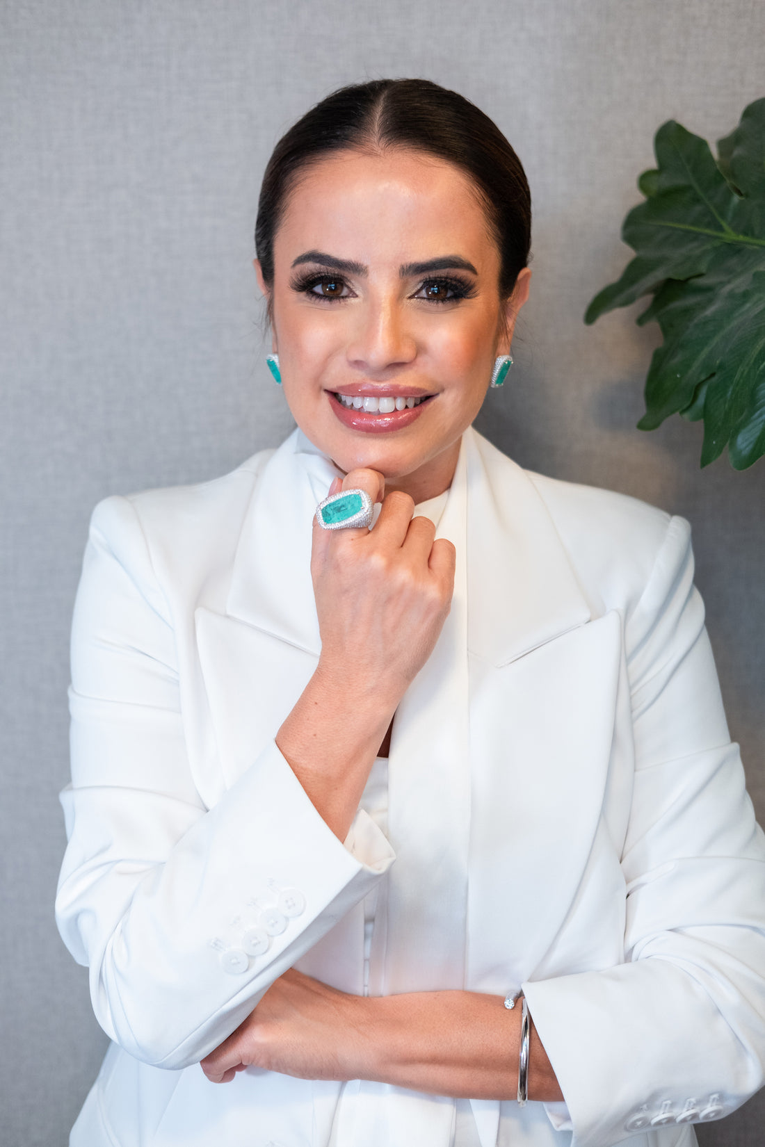 White Rhodium Plated Earrings and Ring with Zirconia and Tourmaline Fusion Stone