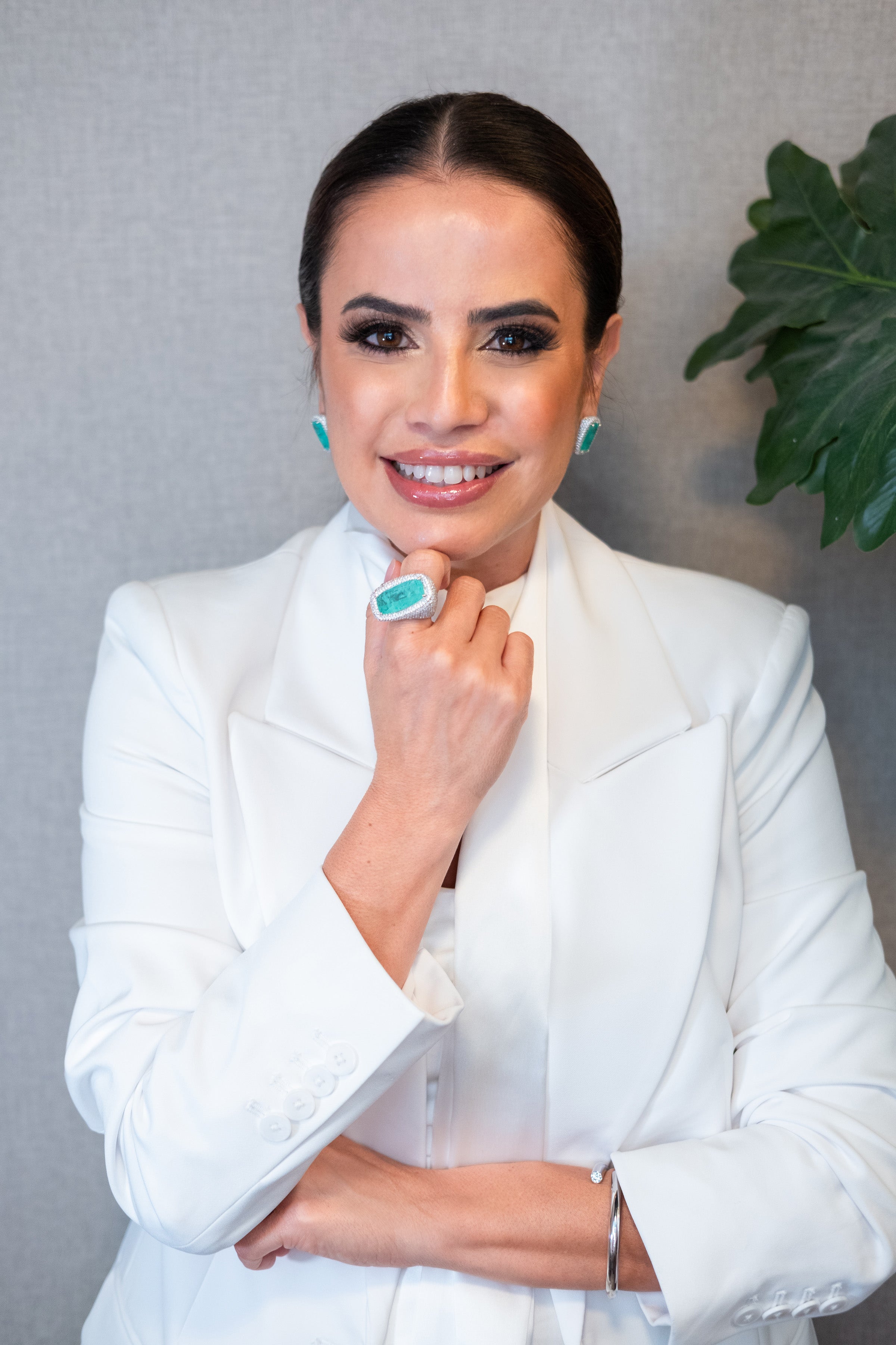 White Rhodium Plated Earrings and Ring with Zirconia and Tourmaline Fusion Stone