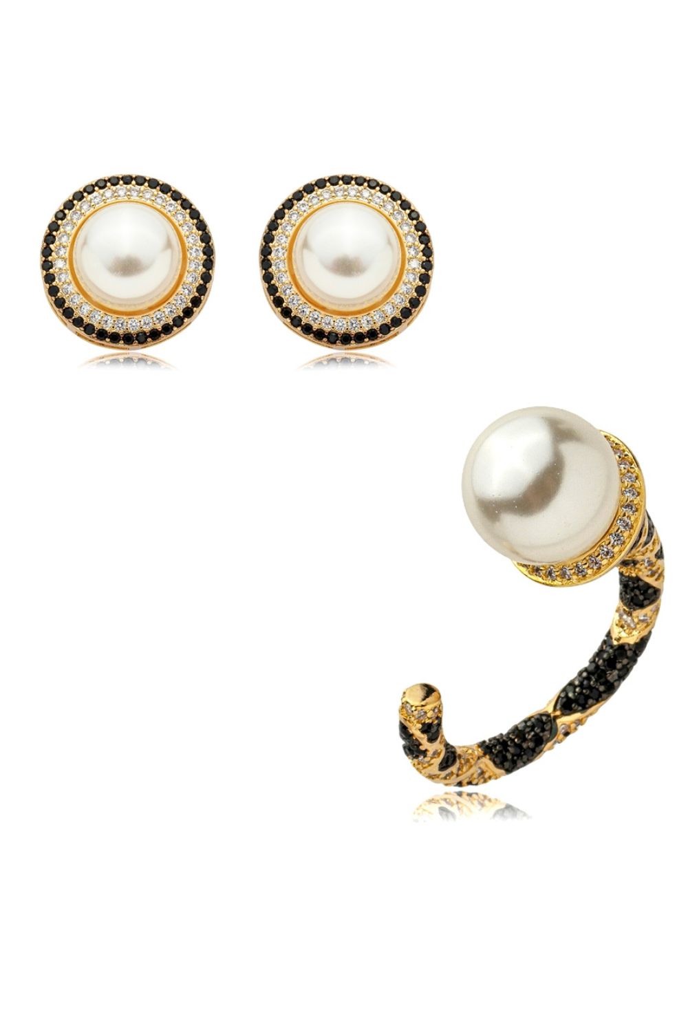 The Le Vie Di Roma | 18K Gold Plated Faux Pearl Ring and Earrings Set with Black Zirconia