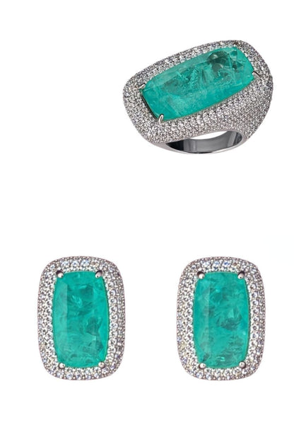 The Aura Of Ice | White Rhodium Plated Earrings and Ring Set with Zirconia and Tourmaline Fusion Stone