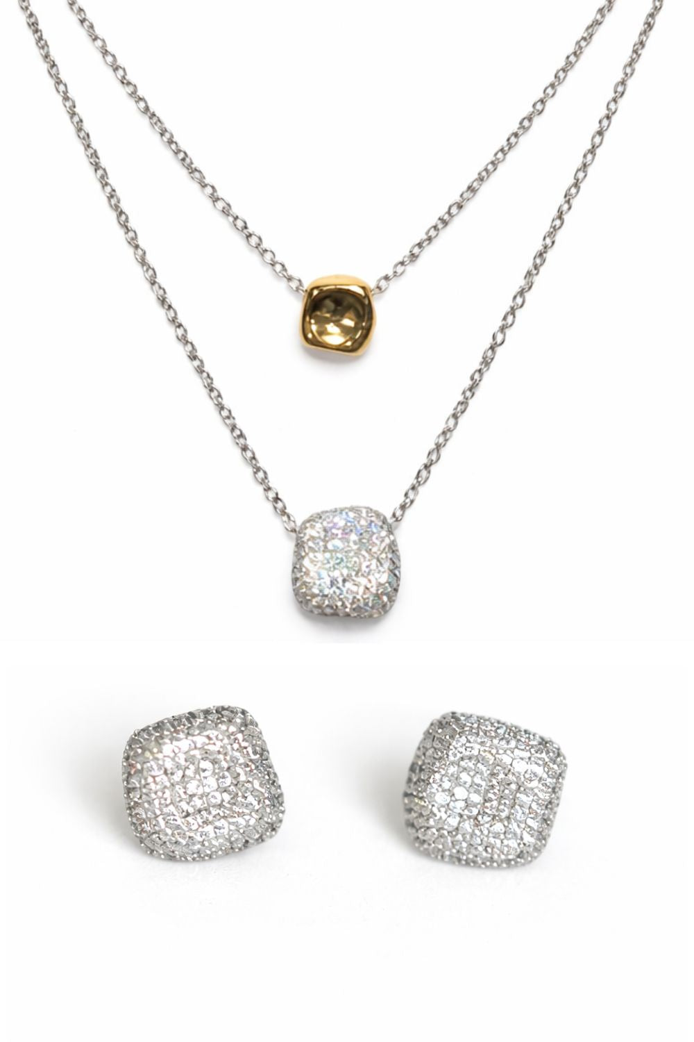The Aura Pavé  | Zirconia Stone Earrings in a Rhodium Finish, 18K Gold Pendant &amp; Zirconia Stone Necklace in a Rhodium Finish