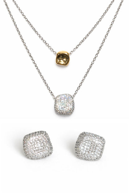 The Aura Pavé  | Zirconia Stone Earrings in a Rhodium Finish, 18K Gold Pendant &amp; Zirconia Stone Necklace in a Rhodium Finish