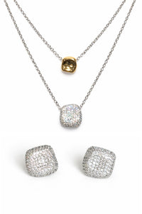 The Aura Pavé  | Zirconia Stone Earrings in a Rhodium Finish, 18K Gold Pendant & Zirconia Stone Necklace in a Rhodium Finish