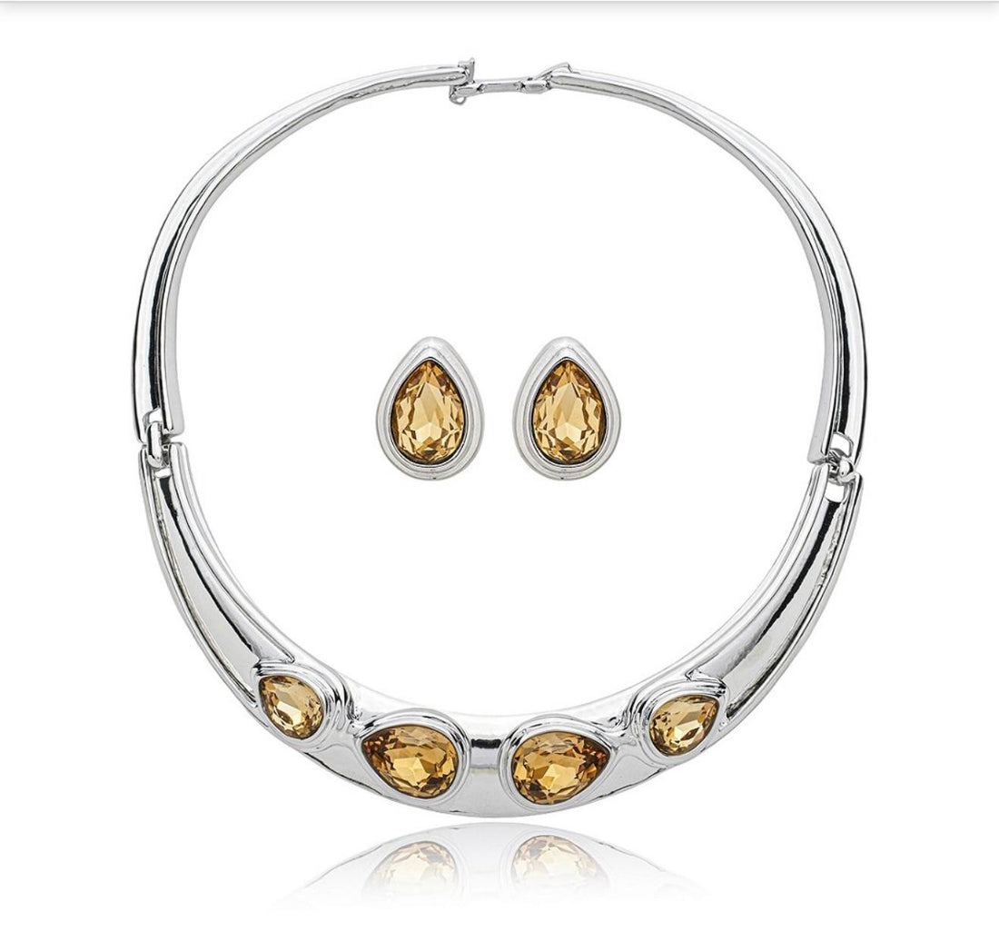 Tear-Drop Earrings With Citrine Zirconia Stones in White Rhodium