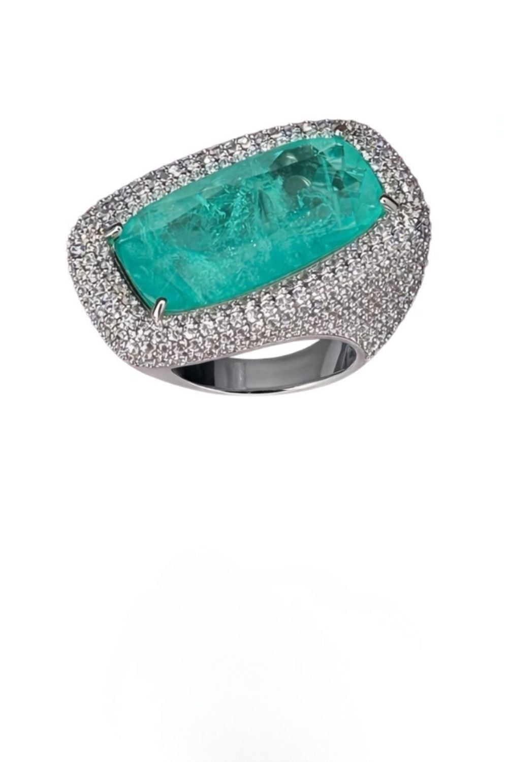 white rhodium rectangular blue tourmaline fusion ring with pavé crystal halo statement cocktail ring luxury jewelry