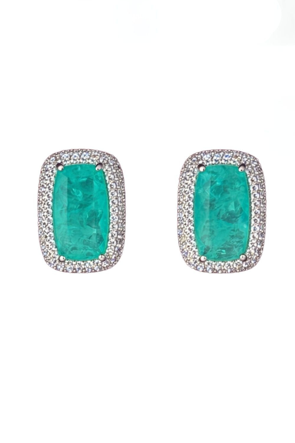 white rhodium rectangular blue tourmaline fusion stone earrings with pavé crystal halo statement stud earrings luxury jewelry