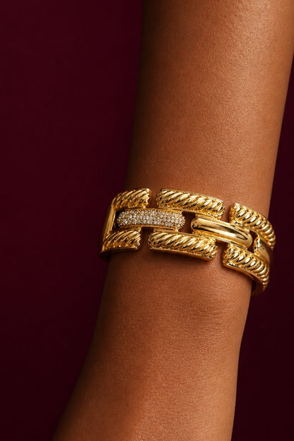 gold cuff bracelet styled for professional women elegant statement jewelry for office and evening wear
