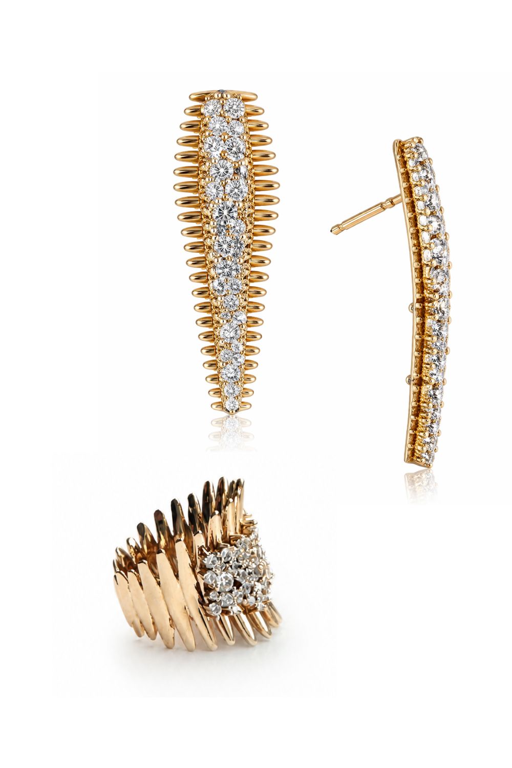 Elegant and bold 18k plated earrings &amp; ring with zirconia diamond like accents