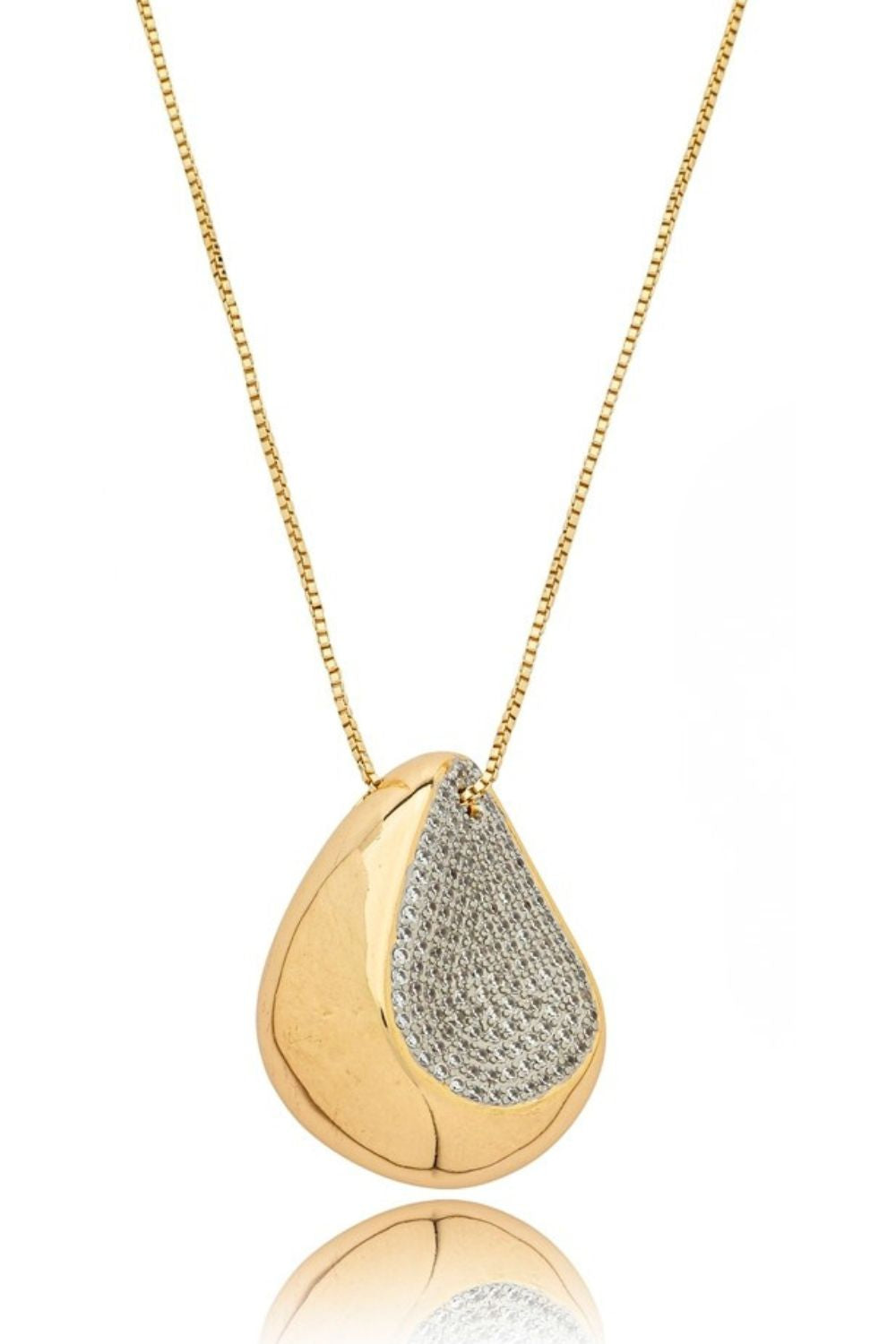 18K gold plated teardrop pendant necklace featuring polished gold and brilliant clear zirconia detailing