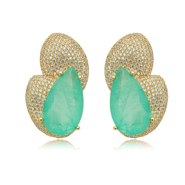 18K Gold-Plated Teardrop Tourmaline Stone Earrings with Zirconia Pavé