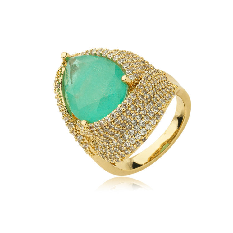 18K Gold-Plated Teardrop Tourmaline Stone Ring with Zirconia Detailing