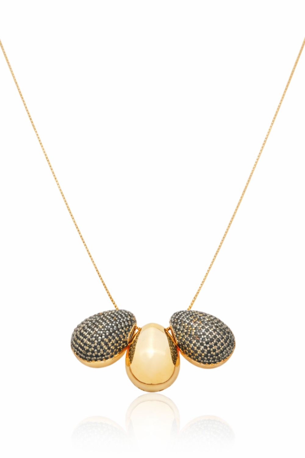 Eclipse In Black 18K gold plated necklace with three sculptural teardrop forms and black zirconia detailing