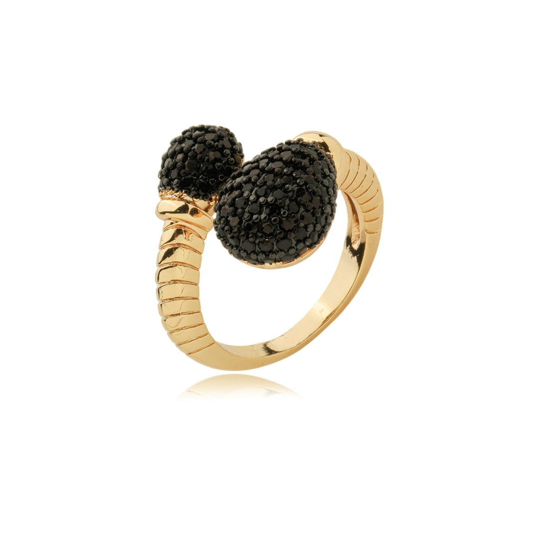 Eclipse In Black 18K gold plated adjustable ring with rounded ends handset in sparkling black zirconia