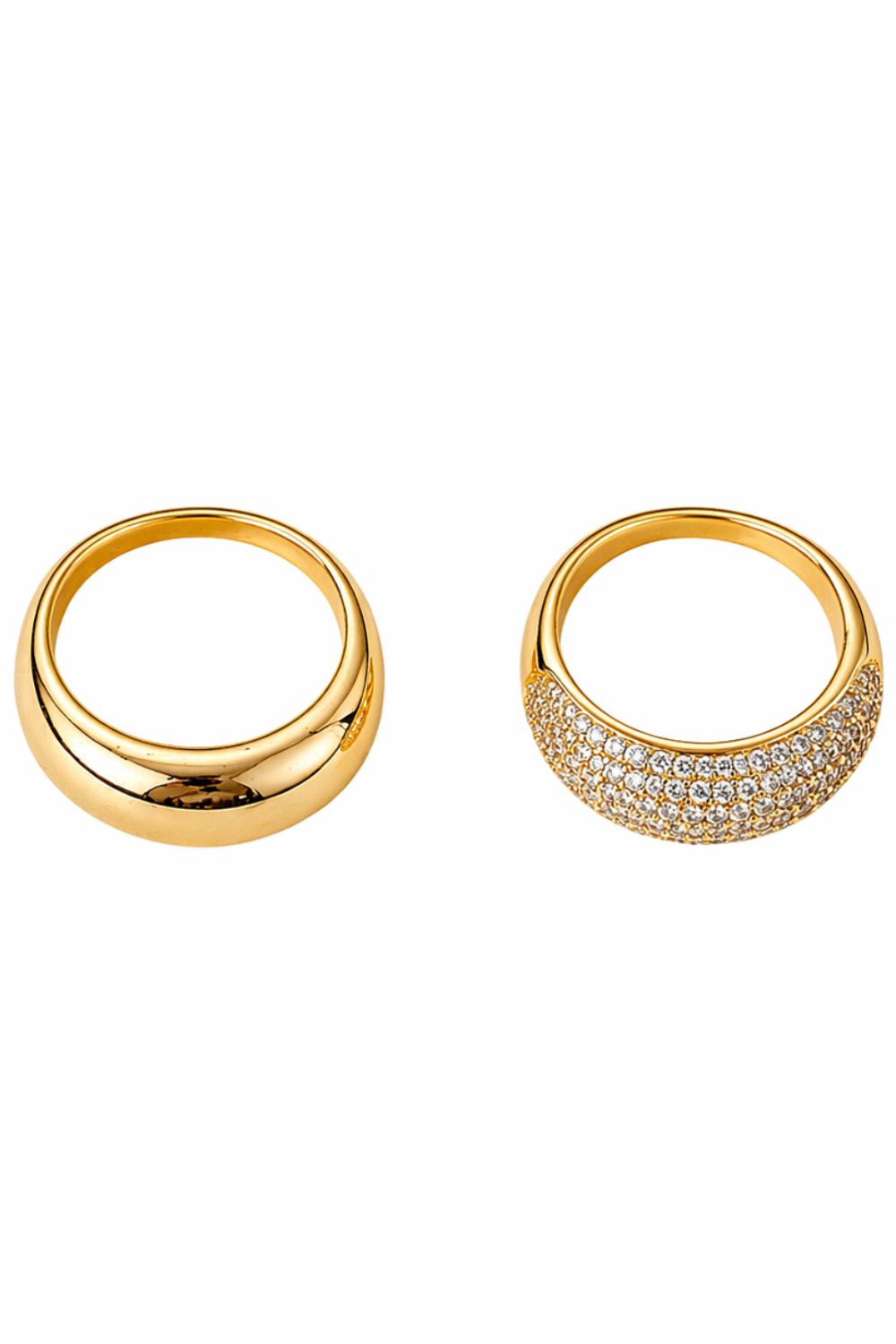 gold band ring set with smooth polished band and zirconia half pavé band minimalist luxury jewelry detail