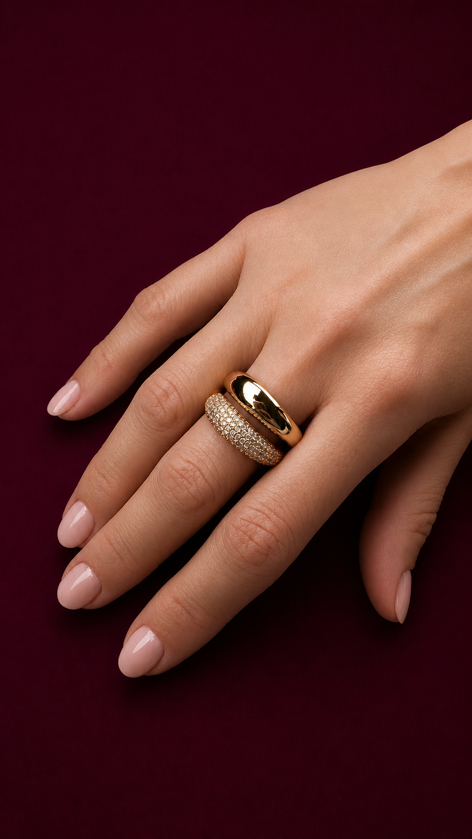 18K gold stackable rings worn on hand polished band and zirconia ring elegant everyday luxury styling