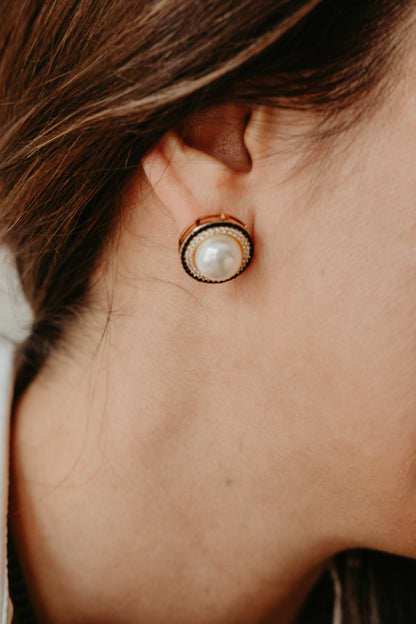gold statement earrings featuring black zirconia pavé and elegant white faux pearls