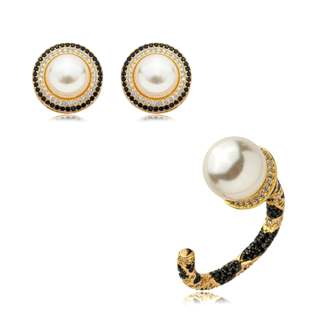 18K gold plated faux pearl earrings with sparkling black zirconia and bold rounded sculptural design