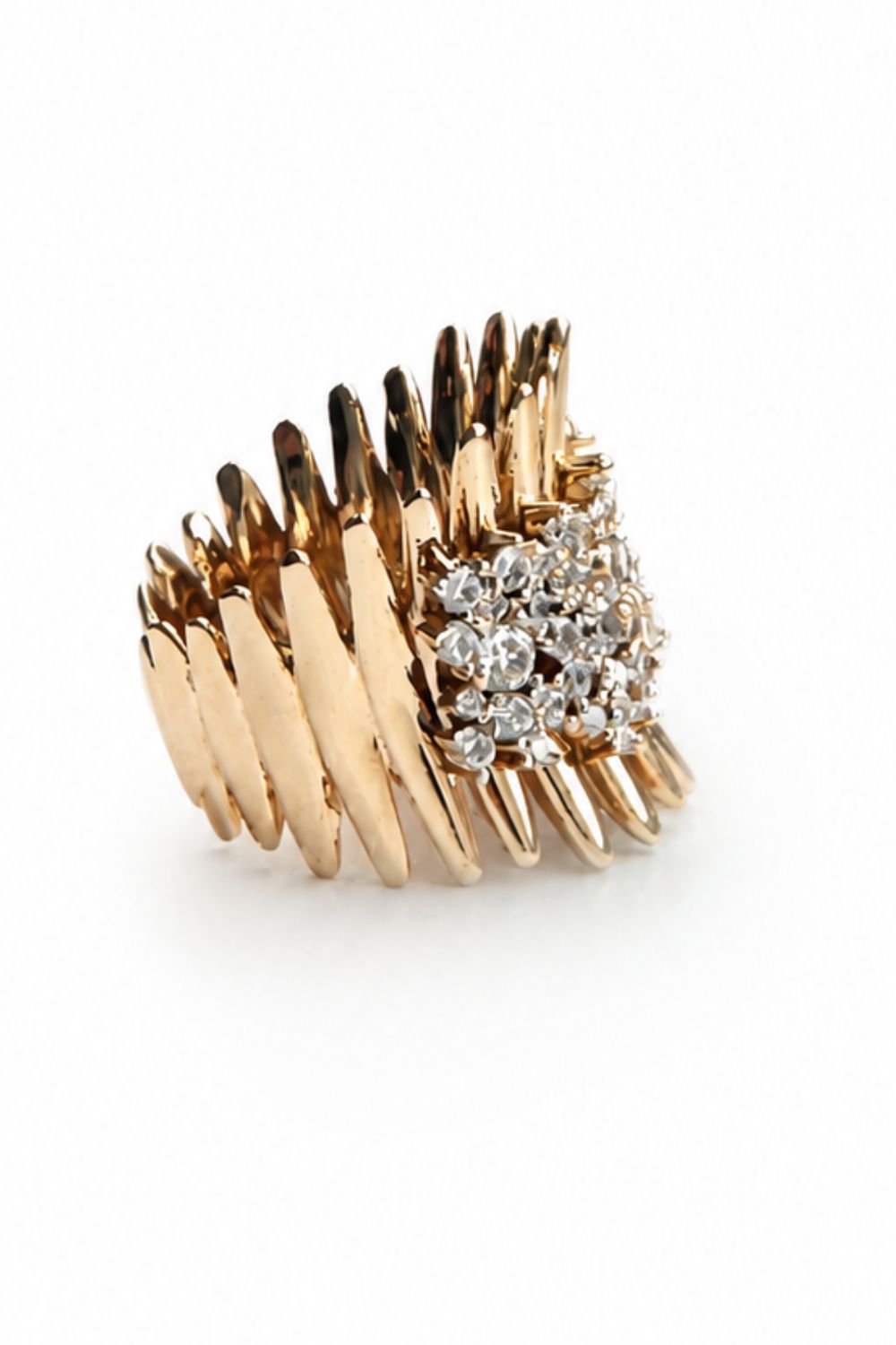 wide gold statement ring elevated crown silhouette with zirconia center modern luxury jewelry