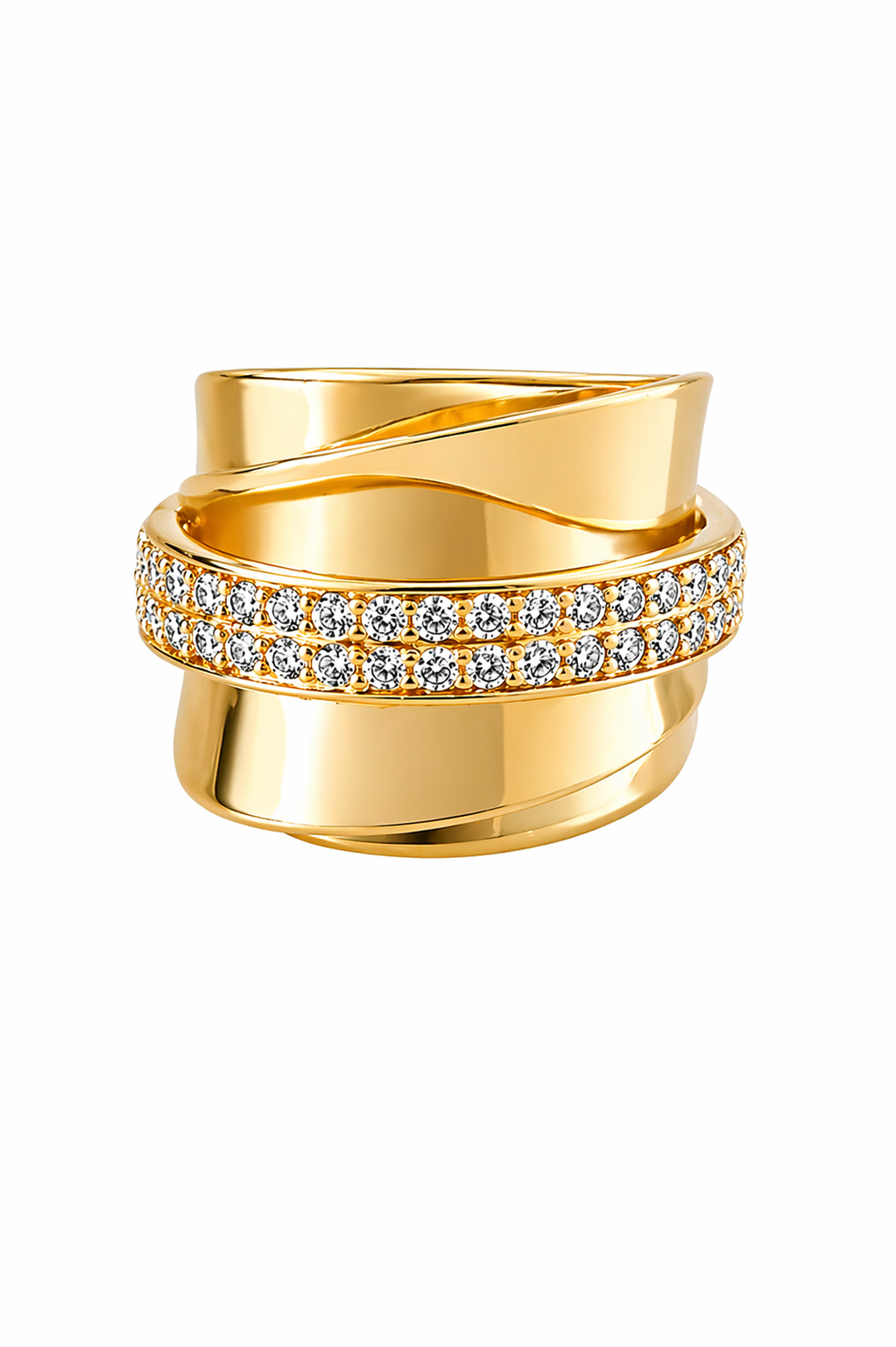 18K gold plated sculptural statement ring with zirconia band | Imperial luxury wide ring for women