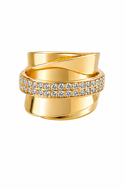 18K gold plated sculptural statement ring with zirconia band | Imperial luxury wide ring for women