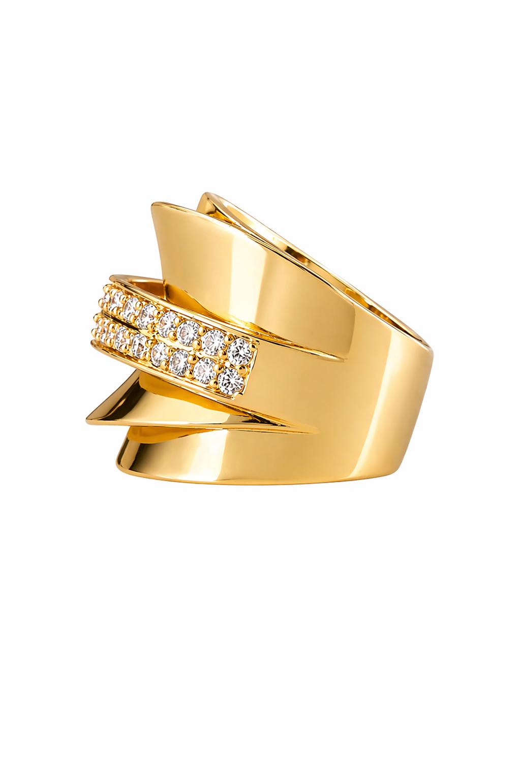 architectural gold statement ring curved wide band with central zirconia strip modern jewelry