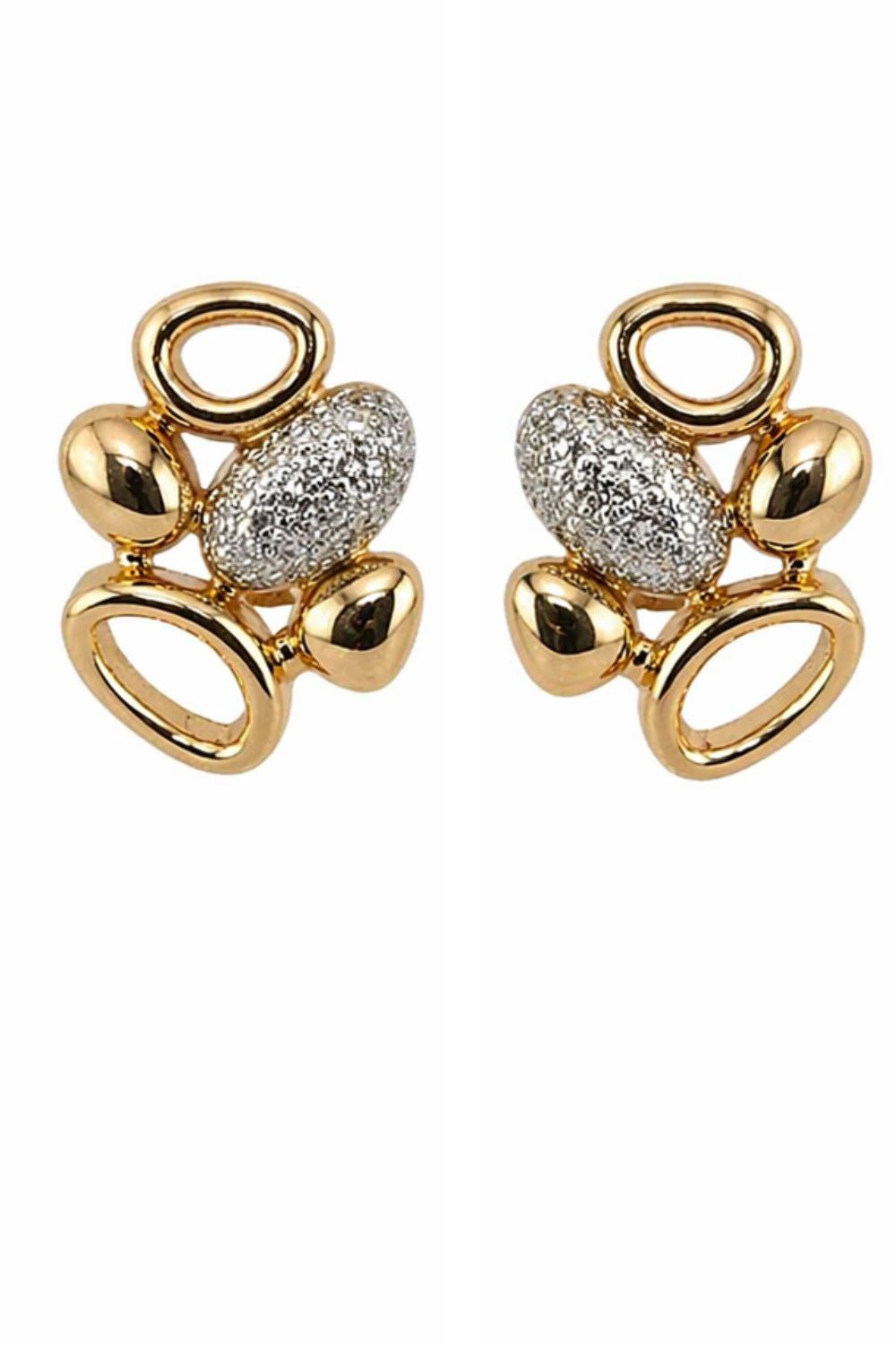 18K gold plated sculptural earrings with polished open circles and sparkling zirconia centerpiece