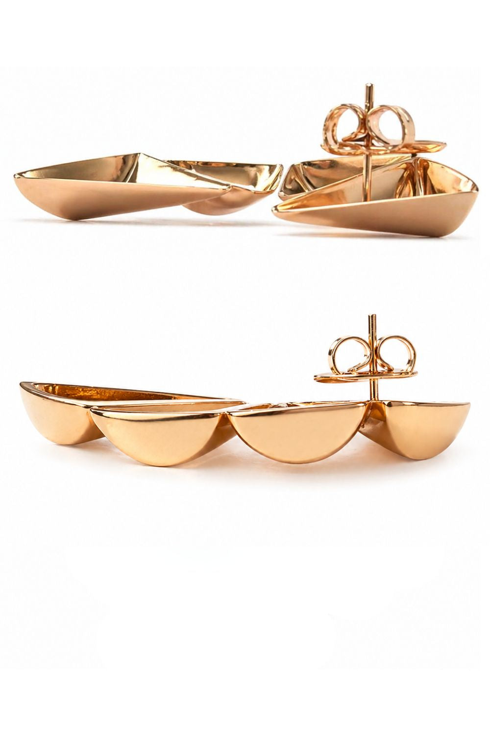 gold crescent earrings with layered tiered design high polish sculptural luxury jewelry detail