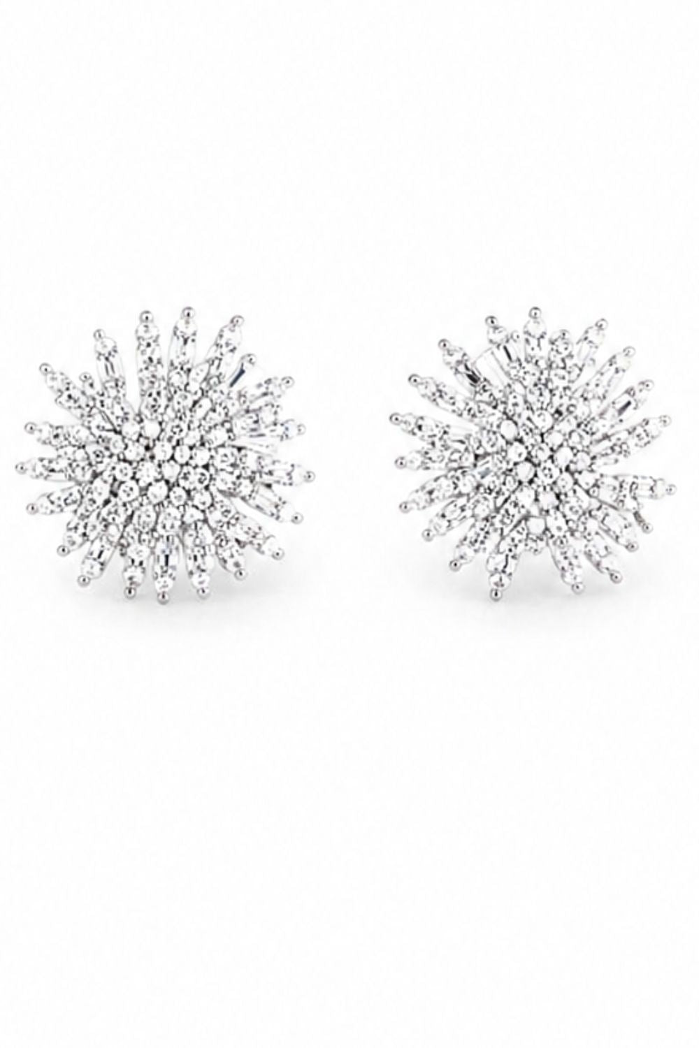 rhodium plated starburst earrings with round and baguette zirconia | Aurora Luxe statement stud earrings luxury jewelry for women