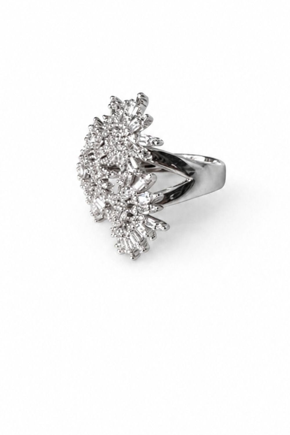 cluster zirconia starburst ring rhodium plated bold statement jewelry modern luxury design