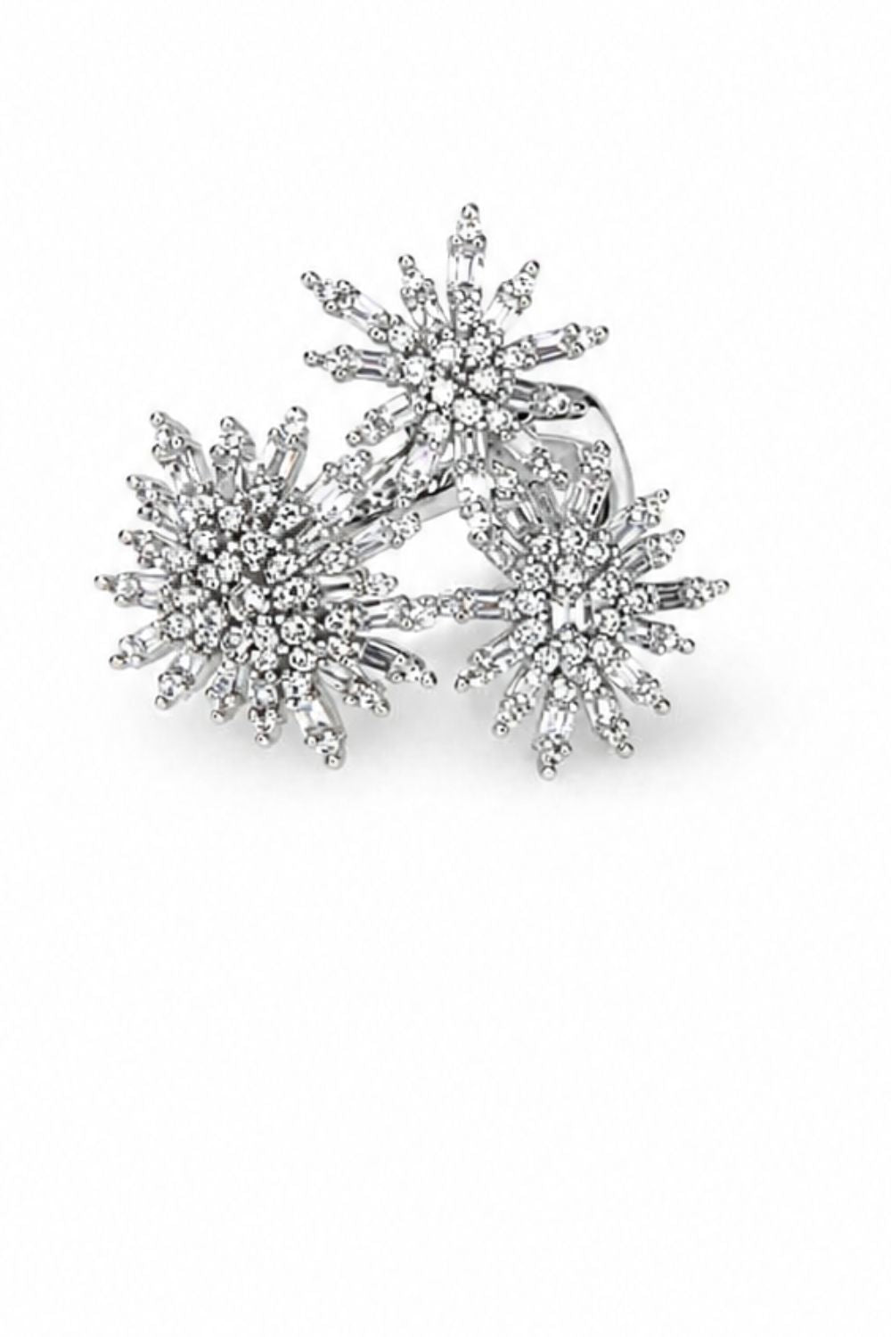 rhodium plated starburst ring with round and baguette zirconia |Aurora Luxe statement ring modern luxury jewelry for women