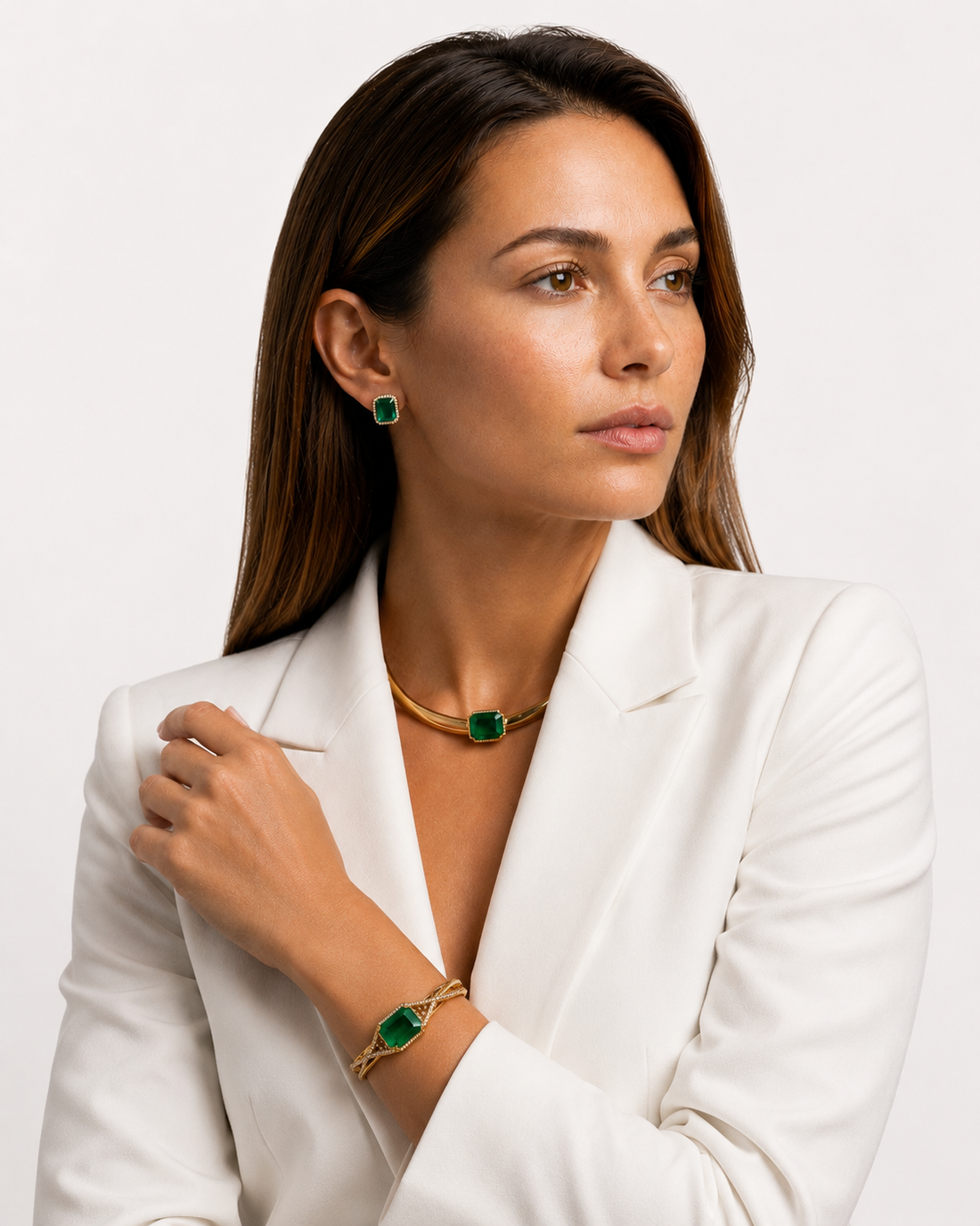 The Maranhenses | 18K Gold Plated Emerald Fusion Jewelry Set  Statement Choker Necklace, Earrings &amp; Bracelet with Zirconia &amp; Rainbow Stones