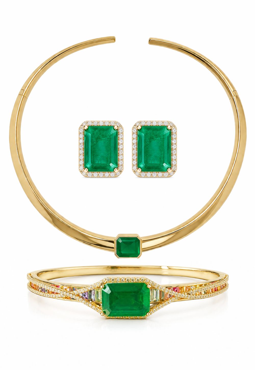 The Maranhenses | 18K Gold Plated Emerald Fusion Jewelry Set  Statement Choker Necklace, Earrings &amp; Bracelet with Zirconia &amp; Rainbow Stones