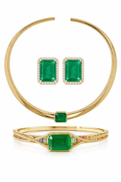 The Maranhenses | 18K Gold Plated Emerald Fusion Jewelry Set  Statement Choker Necklace, Earrings &amp; Bracelet with Zirconia &amp; Rainbow Stones
