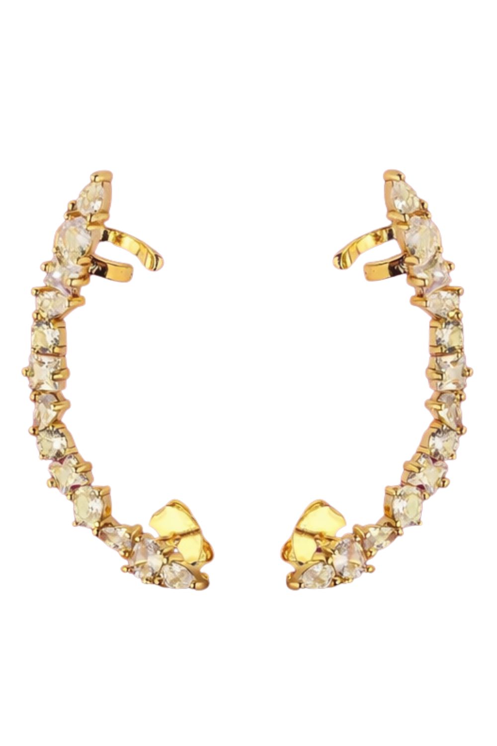 18K gold plated ear cuff earrings with handset zirconia stones and elegant curved ear climber design