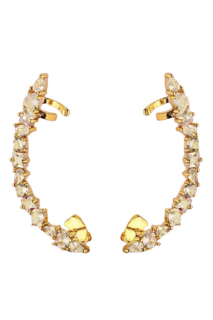 18K gold plated ear cuff earrings with handset zirconia stones and elegant curved ear climber design