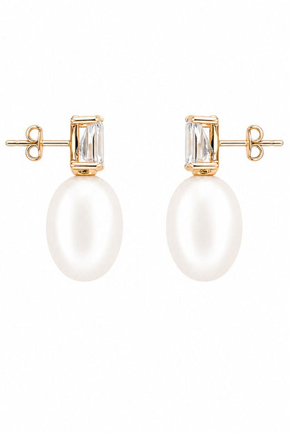 gold earrings with pear cut zirconia and faux pearl drop luxury jewelry detail design