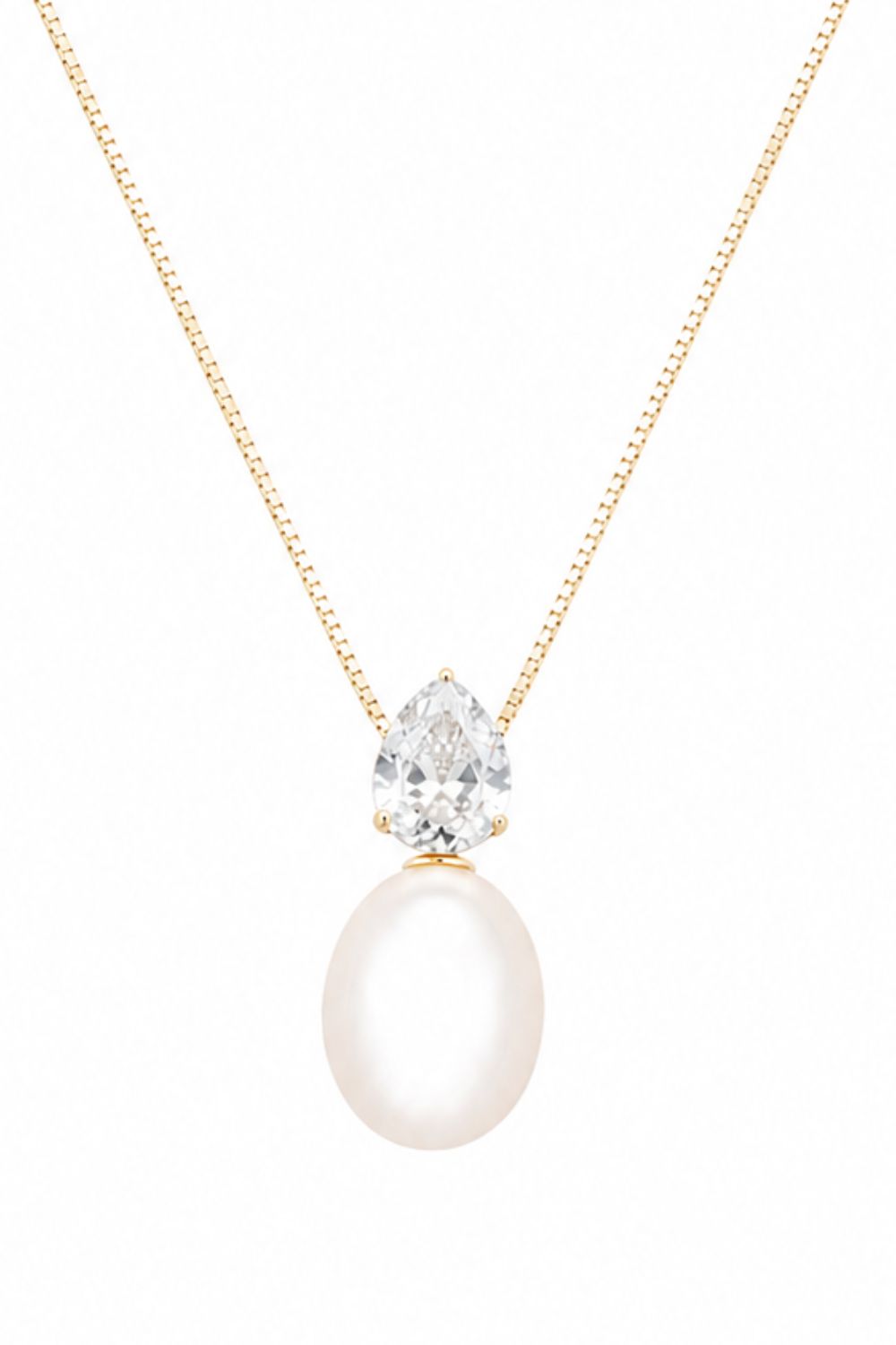 18K gold plated necklace with pear cut zirconia and faux pearl | Mothers Pearl elegant statement jewelry for women